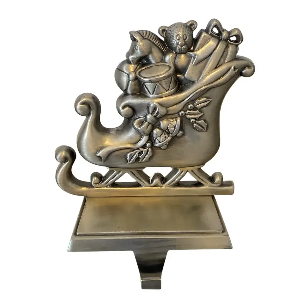 Set of 2 Santa's Sleigh Pewter Finish Christmas Stocking Hanger Hook Santa Claus